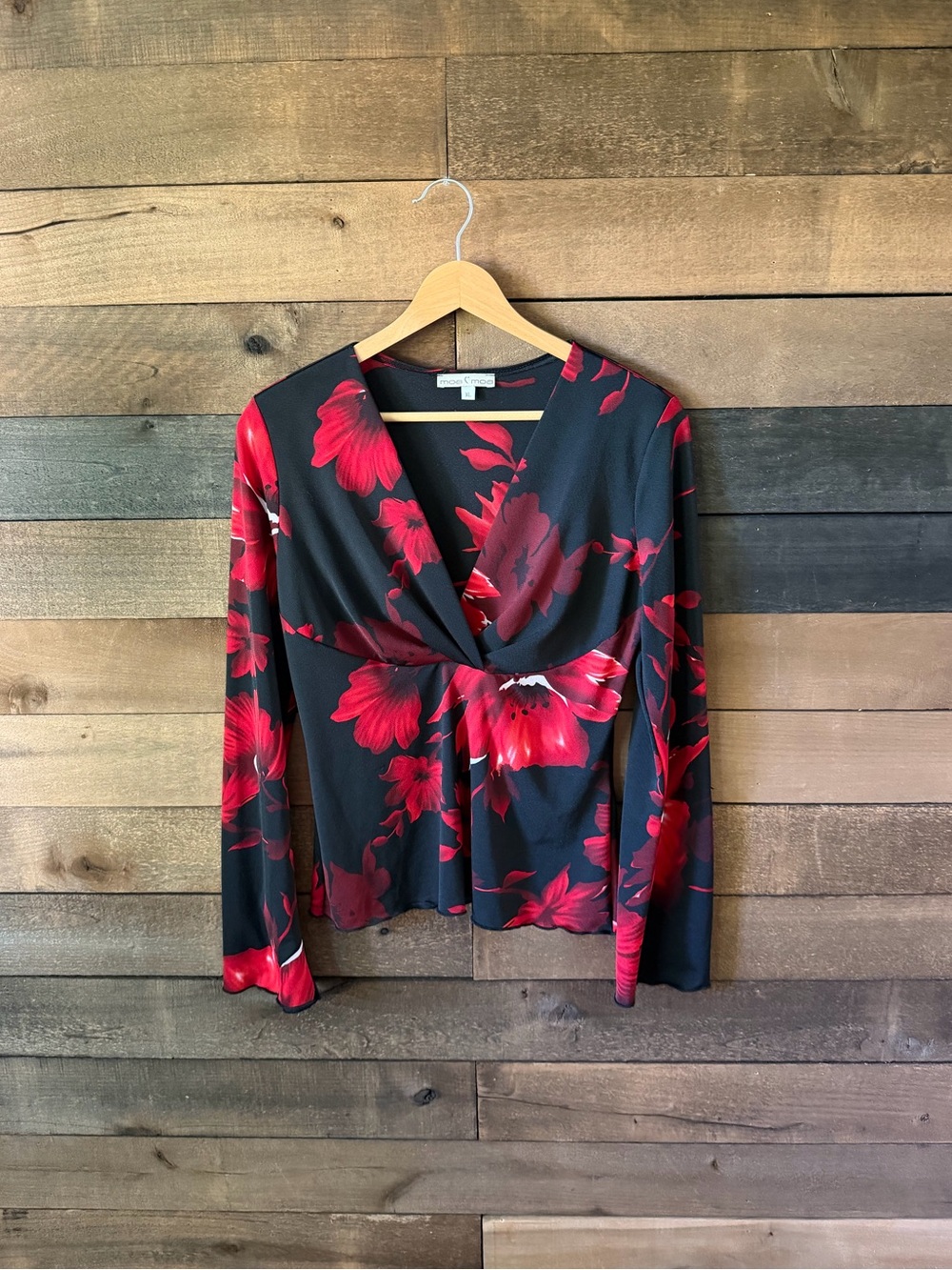 Y2K Moa Moa Floral Bell Sleeve Top Vintage Black Red XL
